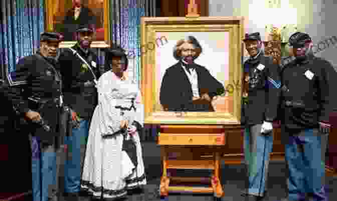 A Stage With A Microphone And A Backdrop Of Frederick Douglass's Portrait. Games For Halloween Frederick Douglass